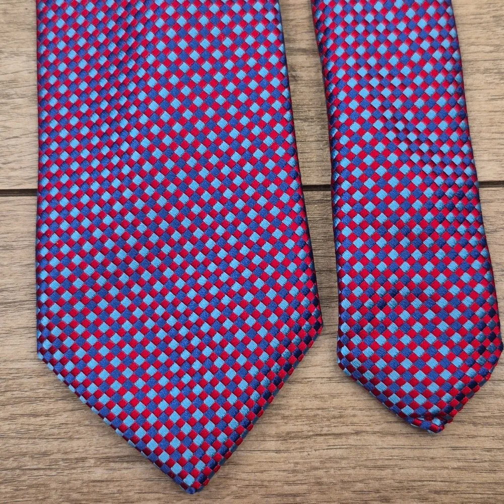 TED BAKER London‎ Metallic Red Blue Woven Textured Plaid Pattern Silk Mens Tie